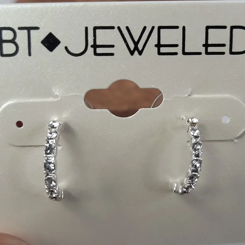 BT Jeweled Tiny Delicate Silver & Crystal Semicircle Drop Earrings